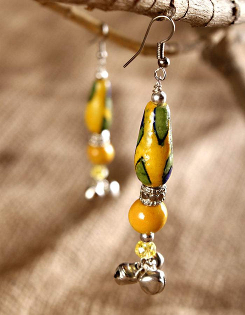 Drop Bead With Ghungroo Pendant Earring (Yellow)